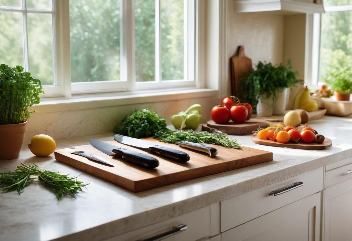 An elegantly arranged kitchen countertop featuring a diverse selection of high-quality culinary knives, prominently displayed with intricate wooden cutting boards and fresh ingredients like herbs, vegetables, and fruits scattered around. The scene should evoke a warm and inviting atmosphere, highlighting the importance of tools in culinary art. Soft natural light streaming from a nearby window enhances the ambiance. super-realistic. warm tones. bright kitchen setting.