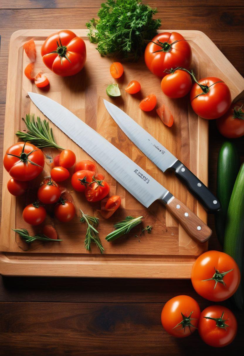 A beautifully arranged kitchen setting showcasing various kitchen knives on a wooden cutting board, with close-up shots of blades glistening under soft, warm light. Include a sharpening stone and vegetable ingredients like herbs and tomatoes to enhance the cooking theme. The scene should evoke a sense of professional culinary art and meticulous knife care. realistic photography. warm colors. soft focus.