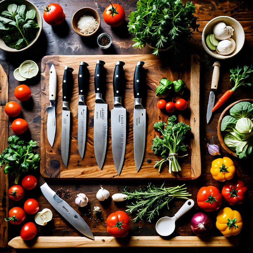 A detailed, artistic layout of various Swiss knives and multifunctional cooking tools arranged on a rustic wooden kitchen table, surrounded by fresh vegetables and herbs. The scene should radiate warmth and creativity, showcasing the versatility and craftsmanship of the tools. A soft light illuminates the setting, highlighting textures and colors. super-realistic. warm tones. vibrant colors. white background.